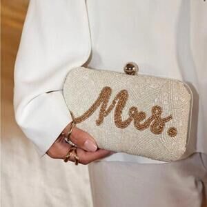 12th Tribe Cream and Gold “Mrs.” Bride Beaded Clutch
